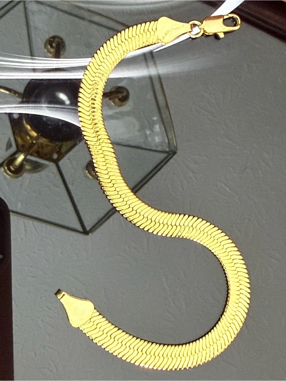 Gold Tone Herringbone Chain Bracelet Metal Lobster Clasp No Stone